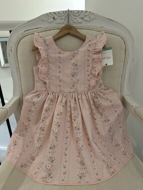 🤍 4T Organic Cotton Pale Pink Floral Ruffle Spring Garden Toddler Dress NWT